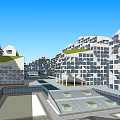 Modern Multi Storey Architectural Complex With Roof Greenery Open Courtyard And Glass Windows