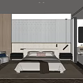 Minimalist Hotel Guest Room With Wooden Walls Striped Headboard Large Bed Nightstands Sofa And Carpet