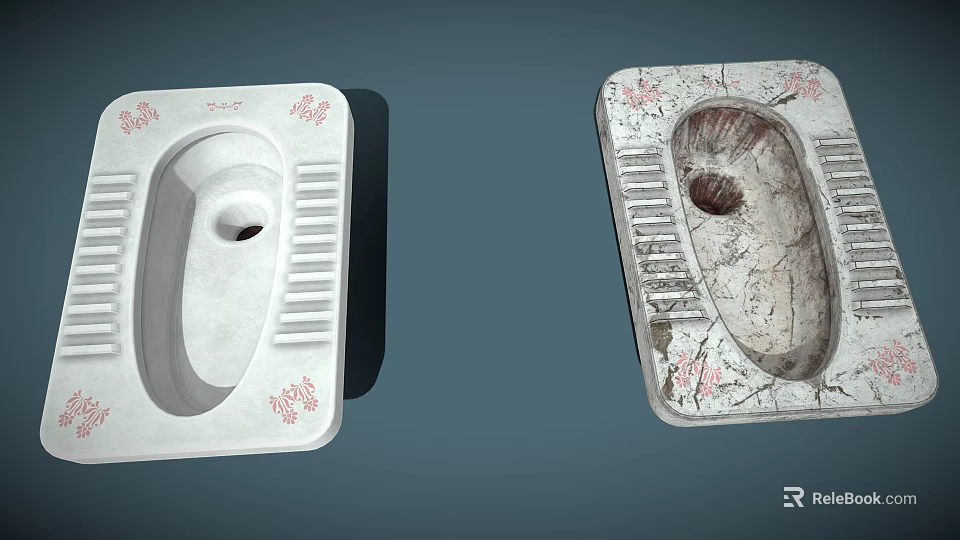 Pair of Squat Toilets One White with Red Patterns and Old Worn Stained Design 3d model 