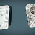 Pair of Squat Toilets One White with Red Patterns and Old Worn Stained Design