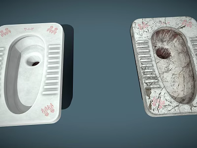 Pair of Squat Toilets One White with Red Patterns and Old Worn Stained Design 3d model