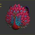 Game Movie Character 3D Pink Peacock With Spread Feathers Blue Spots And Red Body