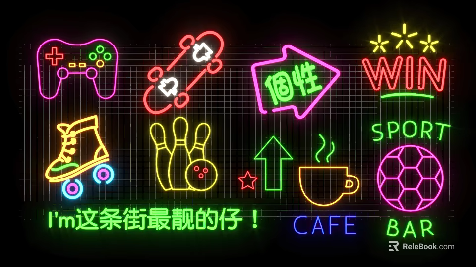 Vibrant Neon Decorative Lights Featuring Game Controller Skateboard Coffee Cup Designs For Cafe Bar 3d model