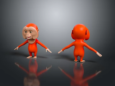 3D Orange Cartoon Monkey Models Front and Back Views on Black Background with Reflections 3d model
