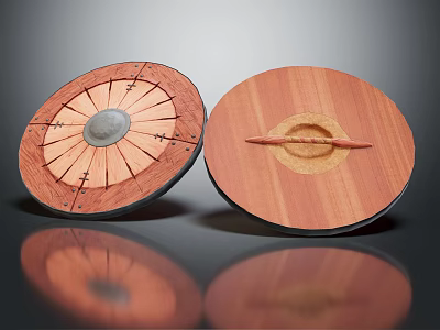 Traditional Wooden Circular Shields With Metal Center And Radial Design As Medieval Weapon 3d model