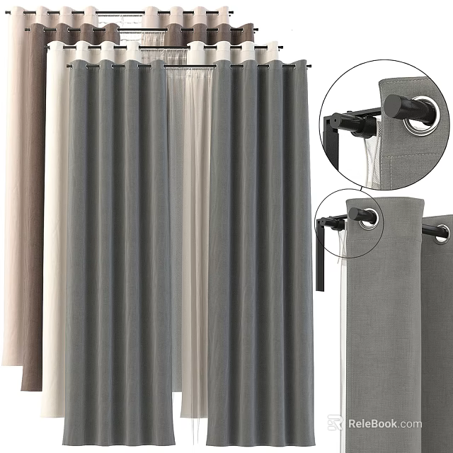 Modern Gray Curtains With Sheer Panels Hooks And Rod Installation Details 3d model 