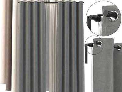 Modern Gray Curtains With Sheer Panels Hooks And Rod Installation Details 3d model