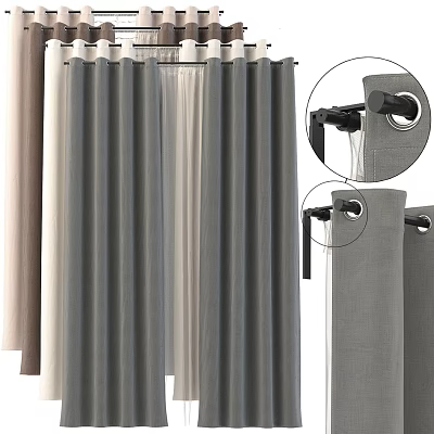 Modern Gray Curtains With Sheer Panels Hooks And Rod Installation Details 3d model