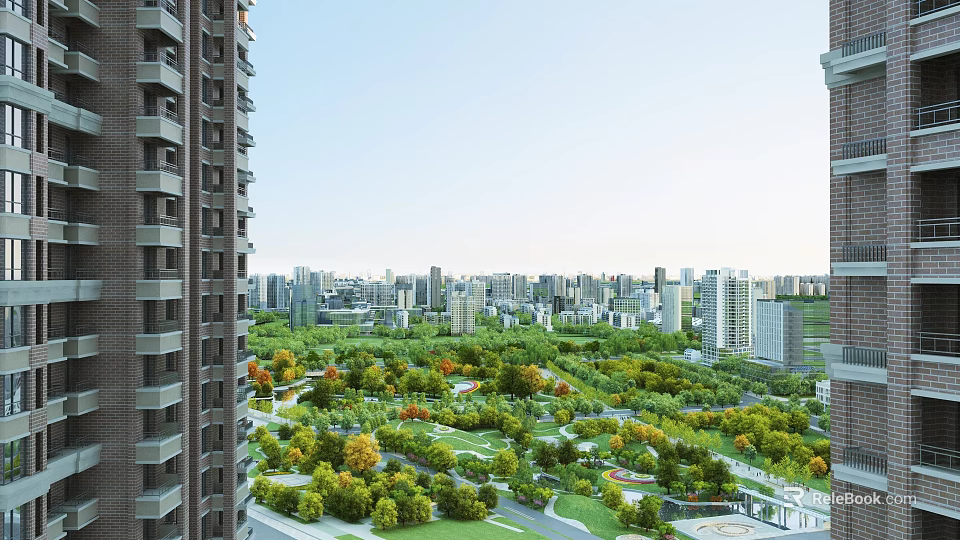 Urban Park Landscape With Green Trees Lawns And Surrounding High Rise Buildings 3d model 