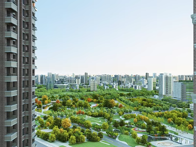 Urban Park Landscape With Green Trees Lawns And Surrounding High Rise Buildings 3d model