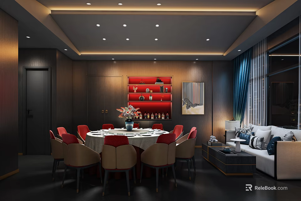 Elegant Modern Restaurant Interior With Round Dining Table Red Chairs And Red Decorative Shelf 3d model 
