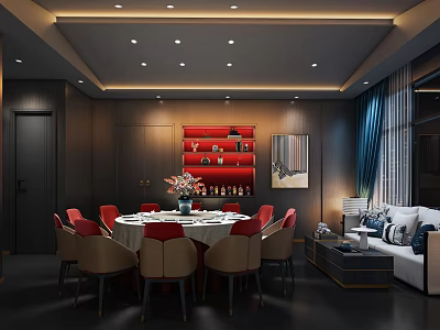 Elegant Modern Restaurant Interior With Round Dining Table Red Chairs And Red Decorative Shelf 3d model