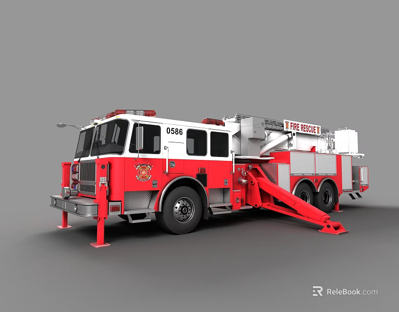 Red and White Fire Department Emergency Fire Truck With Extended Ladder 3d model 
