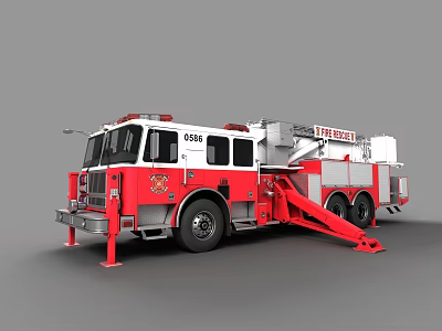 Red and White Fire Department Emergency Fire Truck With Extended Ladder 3d model