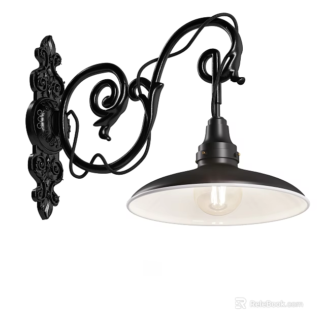 Vintage Black Metal Wall Sconce With Decorative Scroll Design And Glass Shade 3d model 