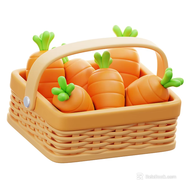 Fresh Orange Carrots With Green Tops In Wicker Basket For Healthy Eating 3d model 