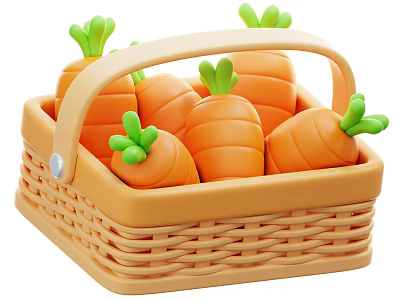Fresh Orange Carrots With Green Tops In Wicker Basket For Healthy Eating 3d model