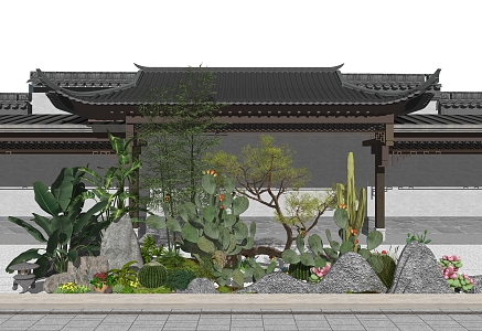 New Chinese style landscape sketch courtyard landscape sketch cactus plant 3d model