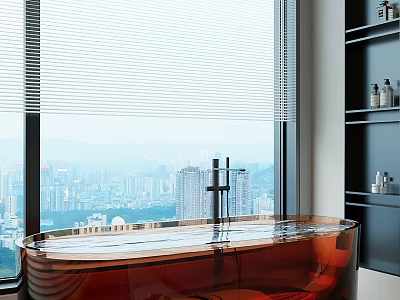 Transparent Acrylic Bathtub With City View Through Window Blinds And Shelves With Bath Products 3d model