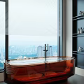 Transparent Acrylic Bathtub With City View Through Window Blinds And Shelves With Bath Products