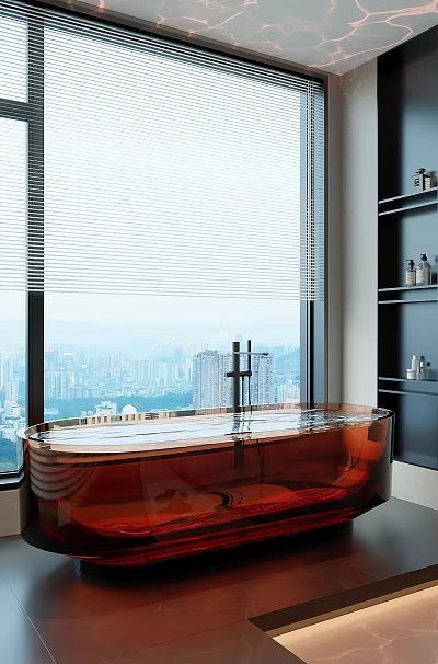 Transparent Acrylic Bathtub With City View Through Window Blinds And Shelves With Bath Products 3d model
