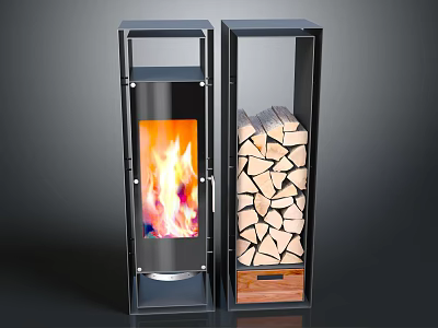 Modern Fireplace With Burning Flame Glass Door Metal Frame And Wood Storage Stacked Firewood 3d model