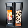 Modern Fireplace With Burning Flame Glass Door Metal Frame And Wood Storage Stacked Firewood