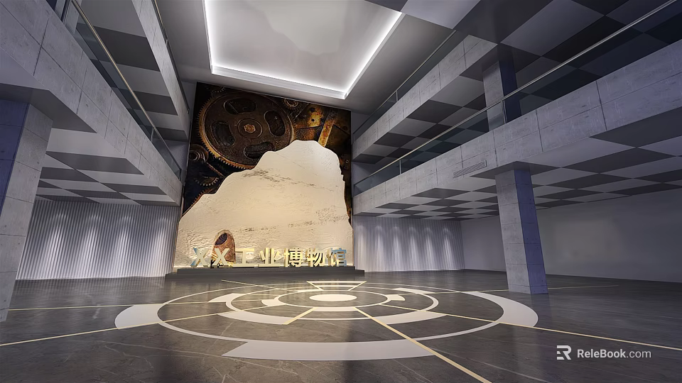 Industrial Style Hall Interior With Mechanical Decor And Circular Floor Pattern 3d model 
