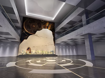 Industrial Style Hall Interior With Mechanical Decor And Circular Floor Pattern 3d model
