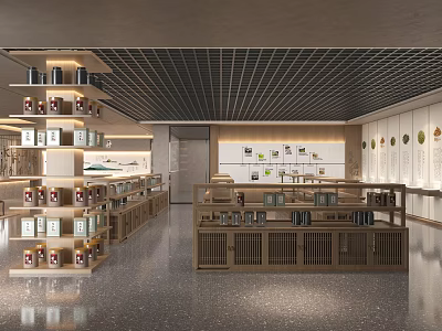 Modern Retail Store Interior With Wooden Shelves And Various Product Displays 3d model