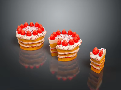 Layered Strawberry Cake With Cream Filling And Fresh Strawberry Toppings Including Whole And Sliced Pieces 3d model