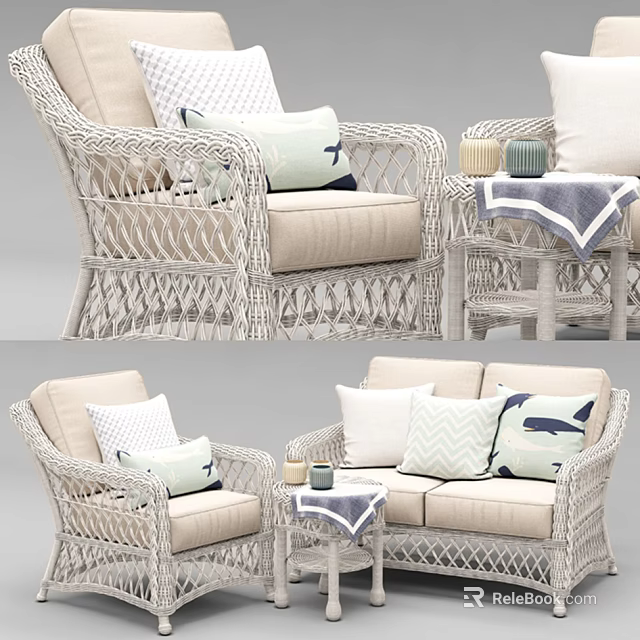 Rattan Sofa Coffee Table Set With Beige Cushions Decorative Pillows And Throw Blanket 3d model 