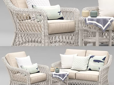 Rattan Sofa Coffee Table Set With Beige Cushions Decorative Pillows And Throw Blanket 3d model