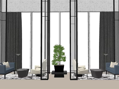 Modern Living Room Sofa And Coffee Table Set With Armchairs Green Plant And Gray Curtains 3d model