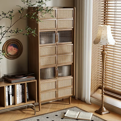 Wooden Bookcase With Rattan Design And Green Plant Vinyl Record Floor Lamp Venetian Blinds 3d model