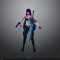 Anime Style Female Character With Purple Long Hair And Blue Sword In Combat Outfit