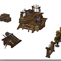 Traditional Wooden Weapon Collection Featuring Crossbow Shield Storage Crates And Stands