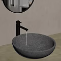 Modern Stone Bathroom Basin With Black Faucet Round Mirror And Light Wall