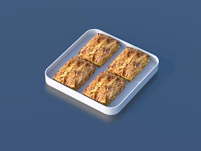 Golden Brown Baked Square Pastries on White Tray with Cheesy Crust 3d model