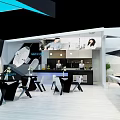 Modern Exhibition Booth Design With White Blue Geometric Structure Hanging Lights And Logo