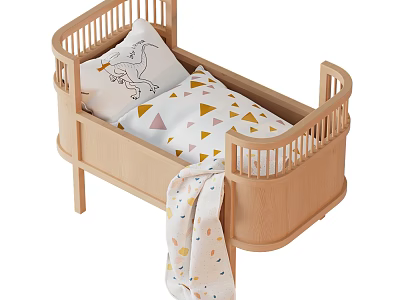 Wooden Kids Bed with Safe Rails and Triangle Animal Print Bedding plus Cozy Blanket 3d model