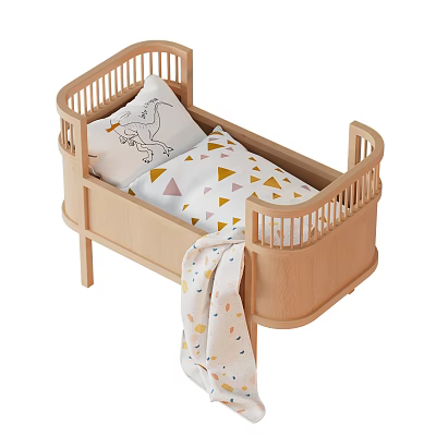 Wooden Kids Bed with Safe Rails and Triangle Animal Print Bedding plus Cozy Blanket 3d model