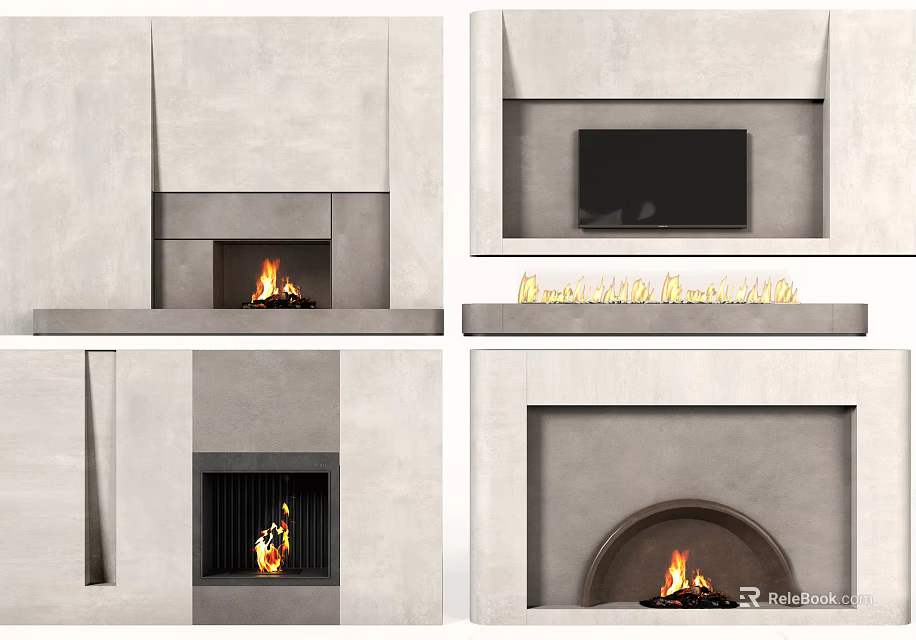 Modern Fireplace Interior Design With Concrete Material And Burning Flames In Various Styles 3d model