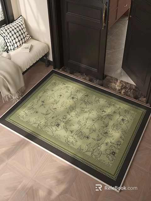 Entryway Hallway Interior With Green Floral Patterned Rug Dark Doors And Wooden Floor 3d model 