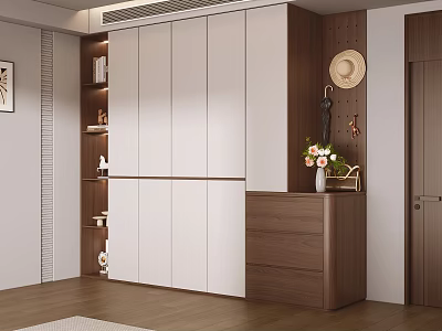 Modern Wardrobe Design With White And Wooden Panels Bookshelf And Decorative Drawer Cabinet 3d model