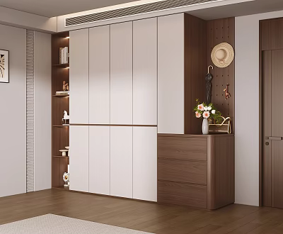 Modern Wardrobe Design With White And Wooden Panels Bookshelf And Decorative Drawer Cabinet 3d model