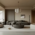 Modern Minimalist Living Room Interior With Cozy Sofa Round Coffee Table And Pendant Light