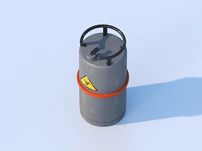 Gray Cylindrical Household Storage Container With Black Handle Orange Band And Yellow Warning Sign 3d model