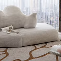 Modern Living Room Interior With Irregular-shaped Sofa Plush Cushions And Pendant Light