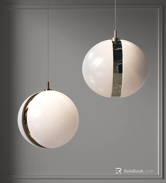 Modern White Spherical Pendant Lights With Metallic Stripes For Interior Lighting Design 3d model 